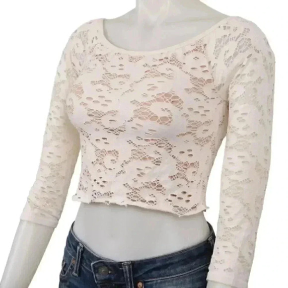 Guess Crop Top Lace Overlay Cream Long  Sleeve Mesh Size Small - Picture 1 of 7